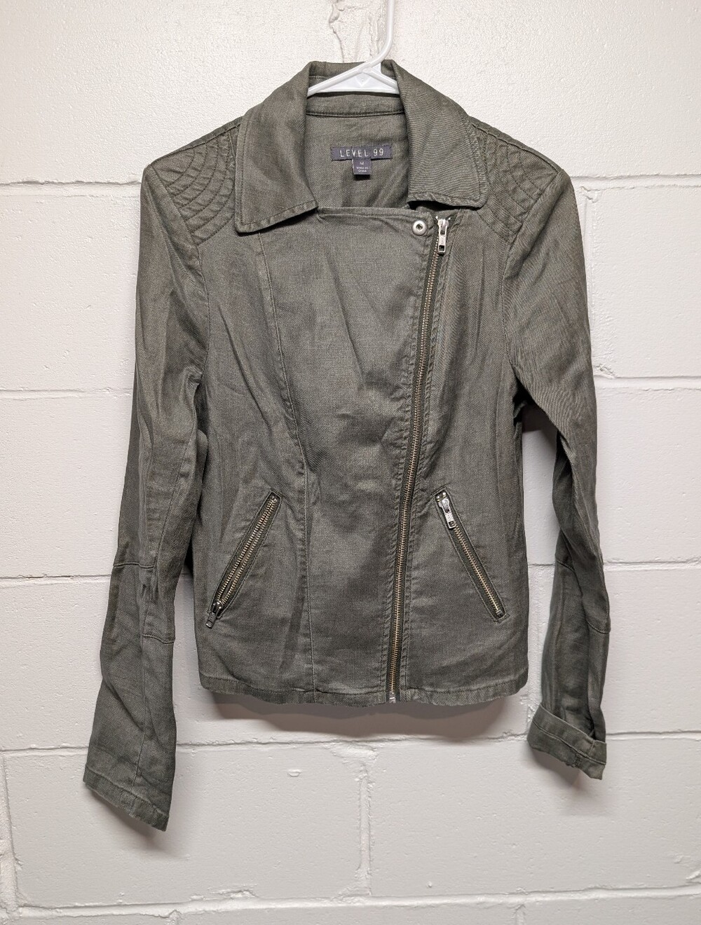 LEVEL 99 Women's Danica Moto Linen Blend Green Jacket (Medium)